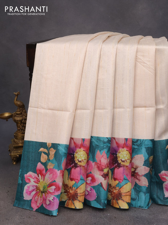 Semi tussar saree cream and peacock green with plain body and floral digital printed border