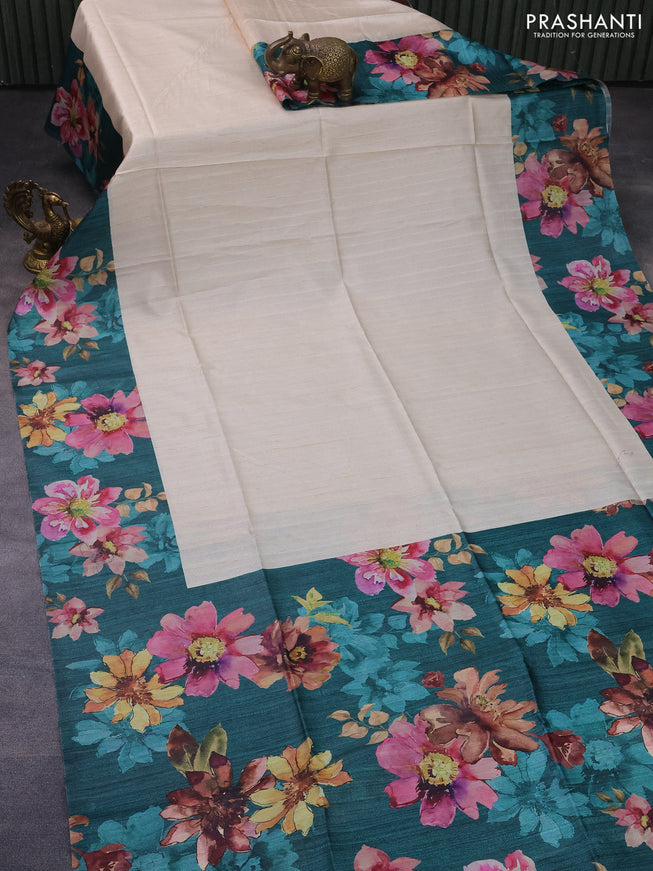 Semi tussar saree cream and peacock green with plain body and floral digital printed border