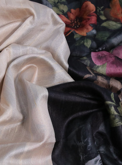 Semi tussar saree cream and black with plain body and floral digital printed border