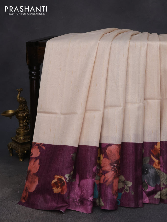 Semi tussar saree cream and deep purple with plain body and floral digital printed border