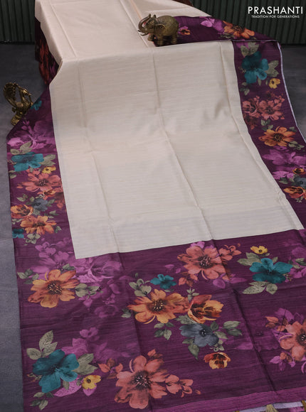 Semi tussar saree cream and deep purple with plain body and floral digital printed border