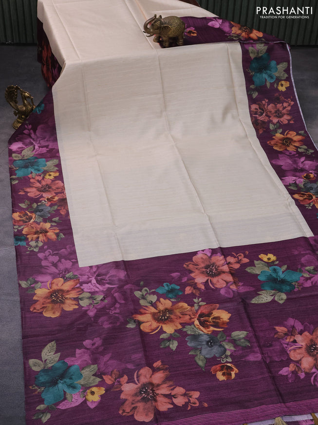 Semi tussar saree cream and deep purple with plain body and floral digital printed border