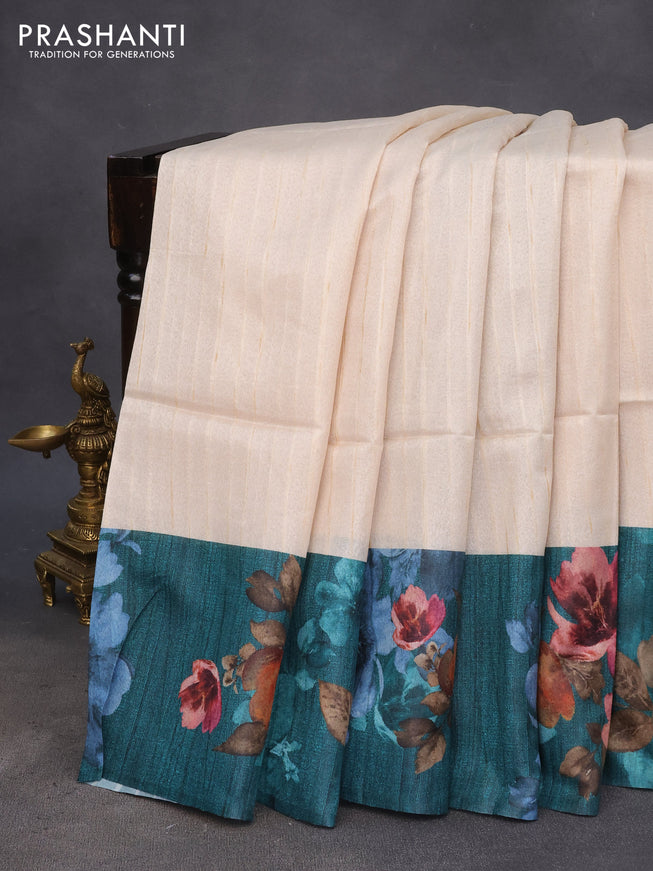 Semi tussar saree cream and peacock green with plain body and floral digital printed border