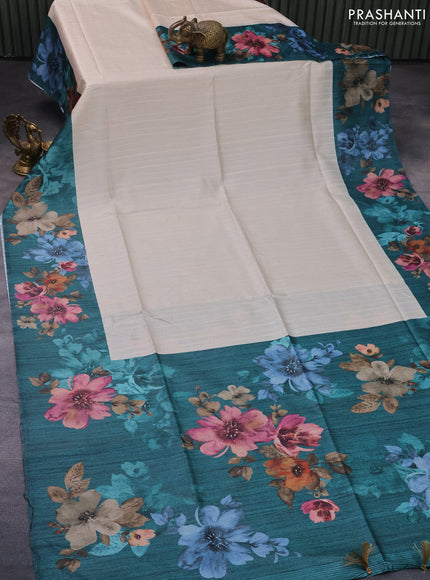 Semi tussar saree cream and peacock green with plain body and floral digital printed border