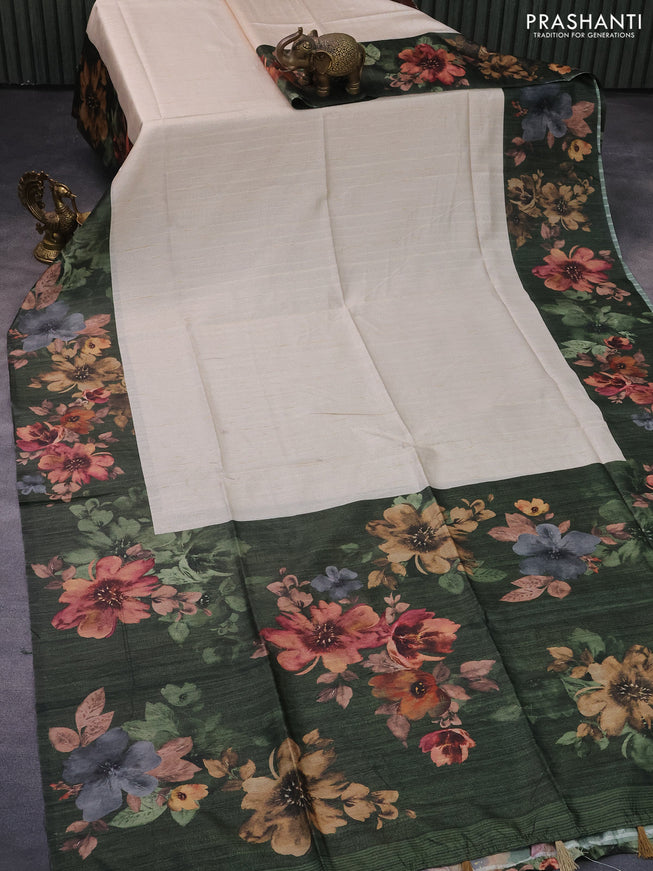 Semi tussar saree cream and sap green with plain body and floral digital printed border