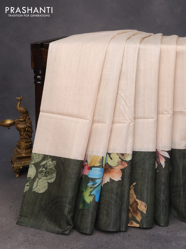 Semi tussar saree cream and sap green with plain body and floral digital printed border