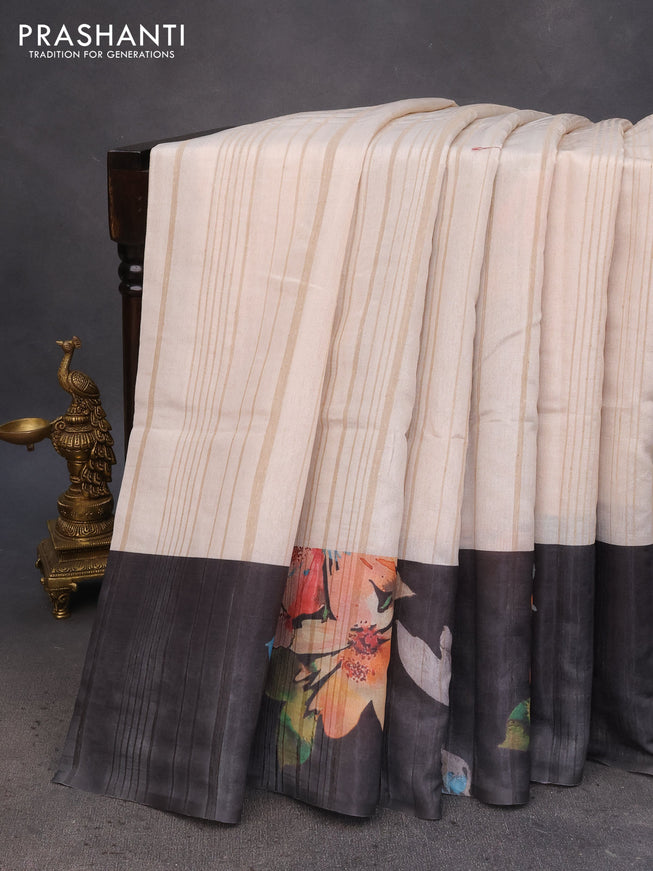 Semi tussar saree cream and elephant grey with plain body and floral digital printed border