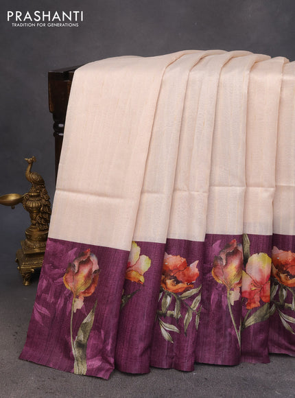 Semi tussar saree cream and deep purple with plain body and floral digital printed border