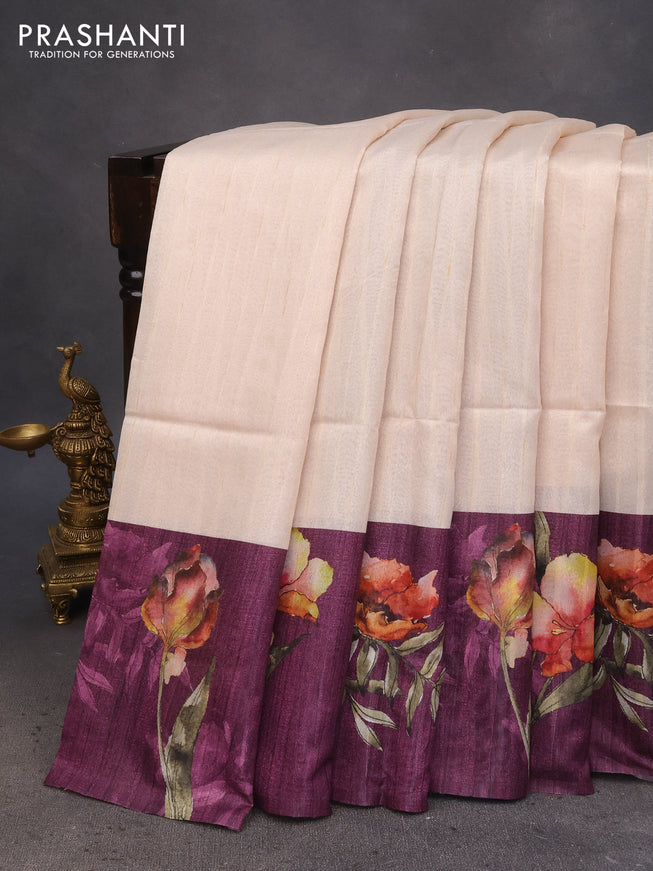 Semi tussar saree cream and deep purple with plain body and floral digital printed border