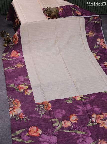 Semi tussar saree cream and deep purple with plain body and floral digital printed border