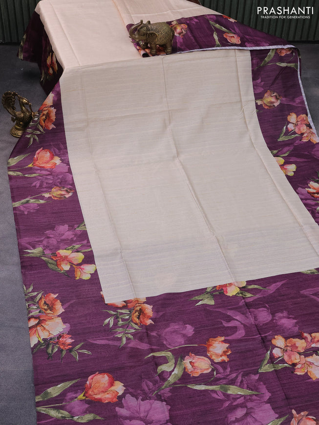 Semi tussar saree cream and deep purple with plain body and floral digital printed border