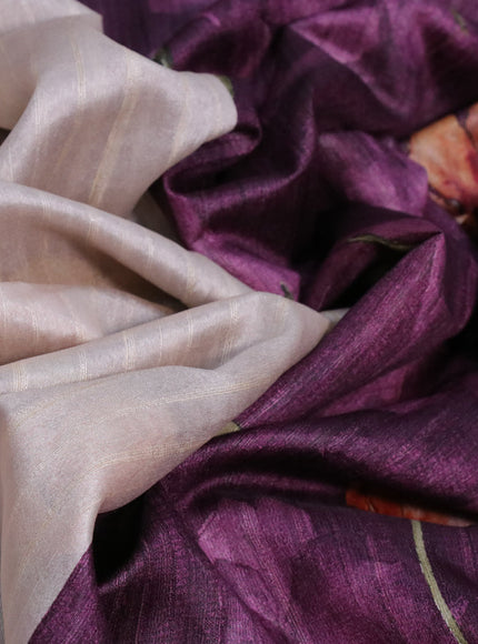 Semi tussar saree cream and deep purple with plain body and floral digital printed border