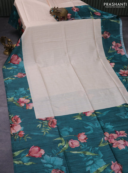 Semi tussar saree cream and peacock green with plain body and floral digital printed border