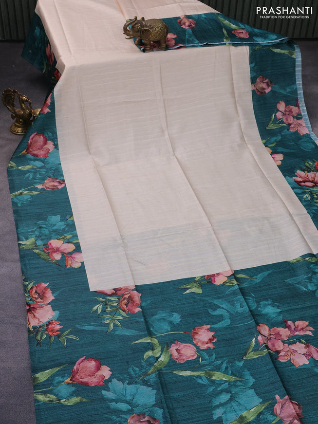 Semi tussar saree cream and peacock green with plain body and floral digital printed border