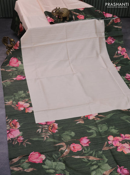 Semi tussar saree cream and sap green with plain body and floral digital printed border