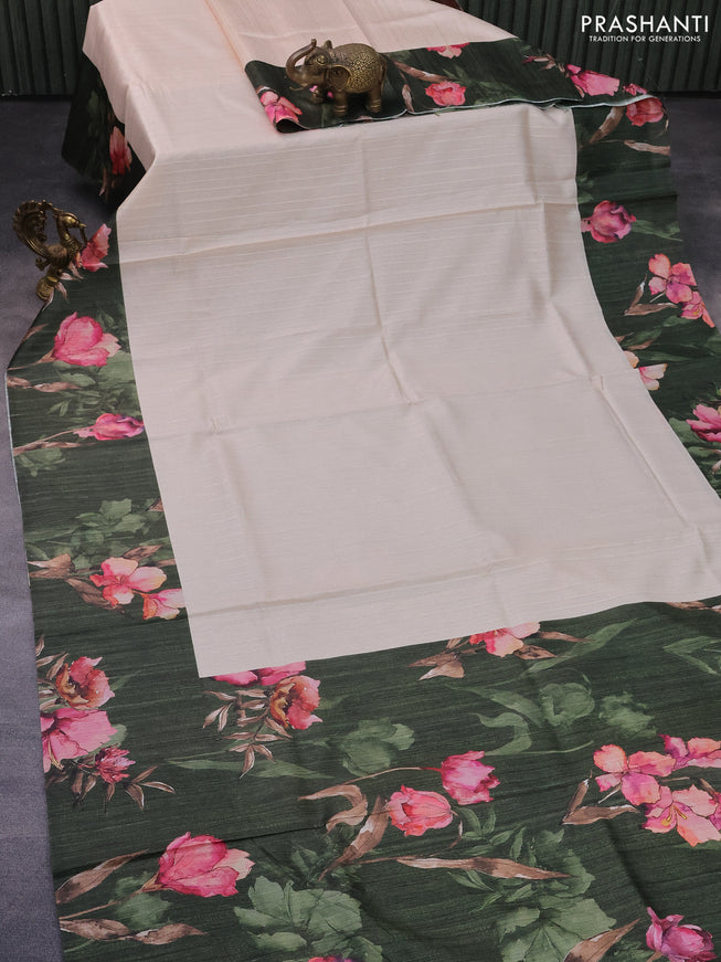 Semi tussar saree cream and sap green with plain body and floral digital printed border