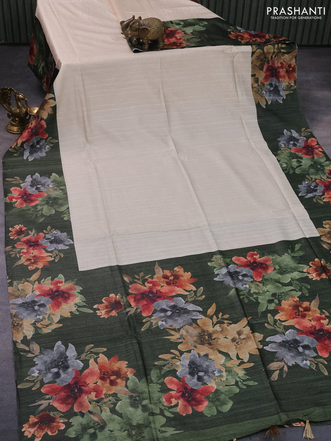 Semi tussar saree cream and deep sap green with plain body and floral digital printed border