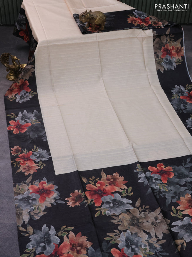 Semi tussar saree cream and black with plain body and floral digital printed border