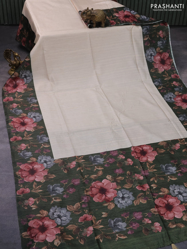 Semi tussar saree cream and sap green with plain body and floral digital printed border