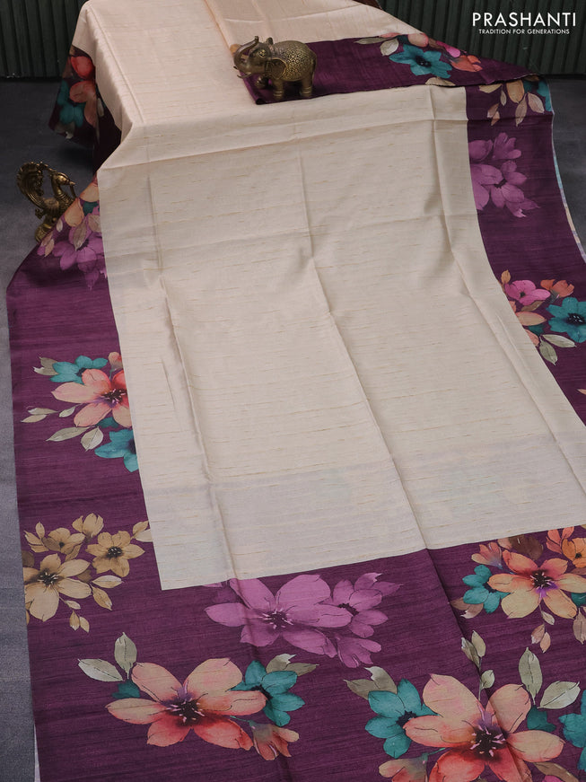 Semi tussar saree cream and deep purple with plain body and floral digital printed border