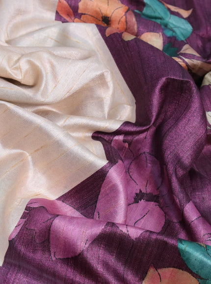 Semi tussar saree cream and deep purple with plain body and floral digital printed border