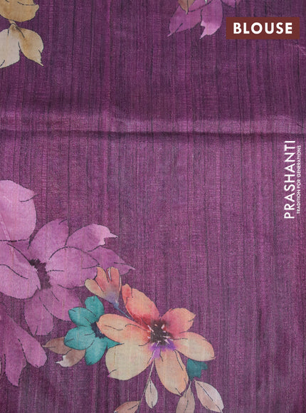 Semi tussar saree cream and deep purple with plain body and floral digital printed border