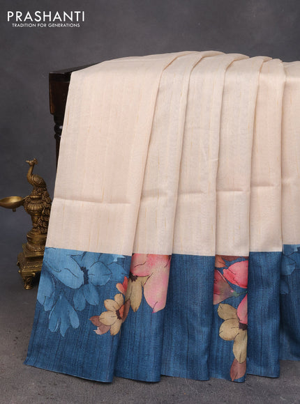 Semi tussar saree cream and peacock blue with plain body and floral digital printed border