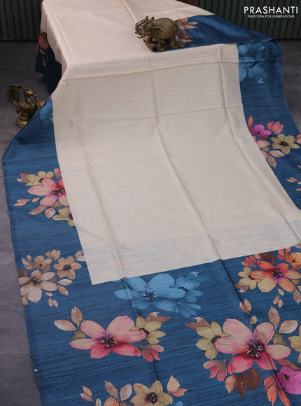 Semi tussar saree cream and peacock blue with plain body and floral digital printed border