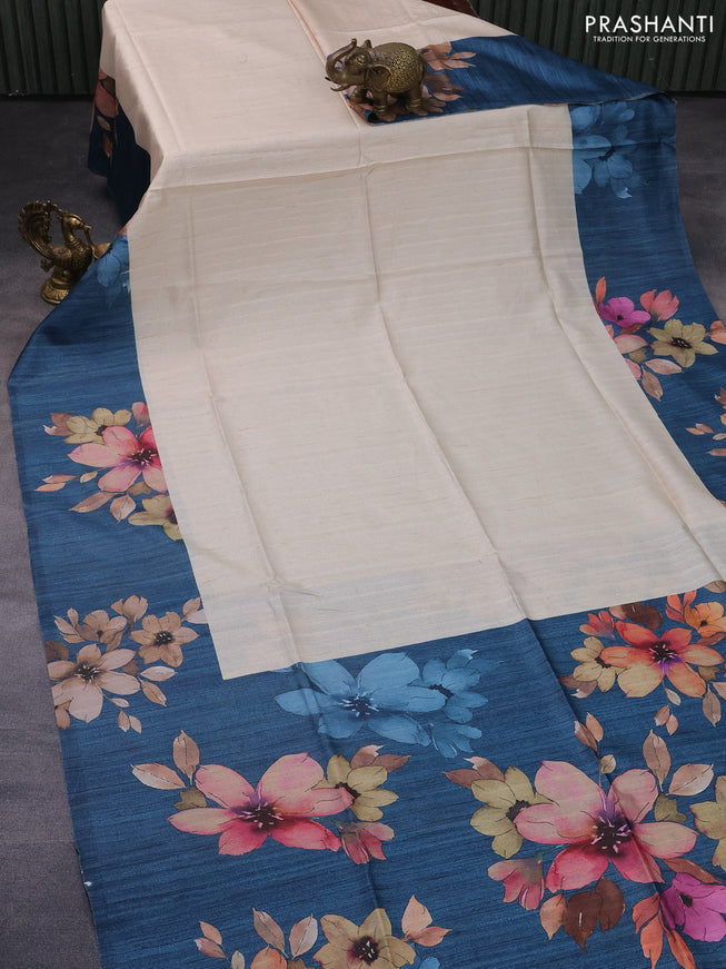 Semi tussar saree cream and peacock blue with plain body and floral digital printed border