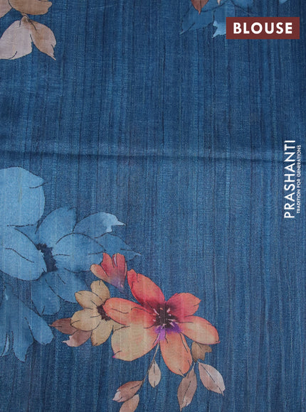 Semi tussar saree cream and peacock blue with plain body and floral digital printed border