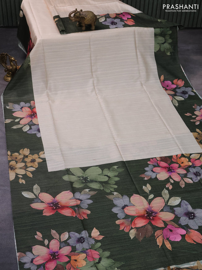 Semi tussar saree cream and sap green with plain body and floral digital printed border