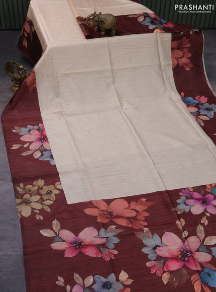 Semi tussar saree cream and maroon with plain body and floral digital printed border