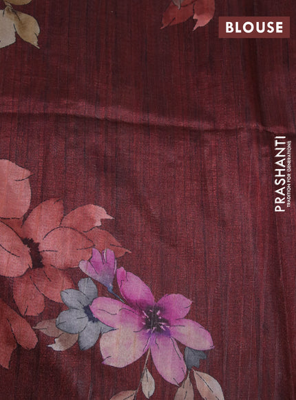 Semi tussar saree cream and maroon with plain body and floral digital printed border