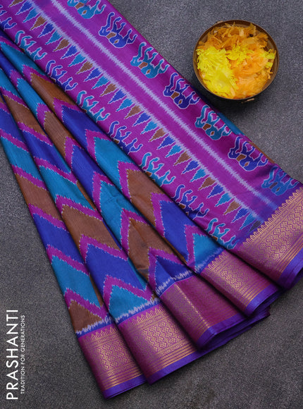 Semi tussar saree blue and purple with allover ikat prints and zari woven border