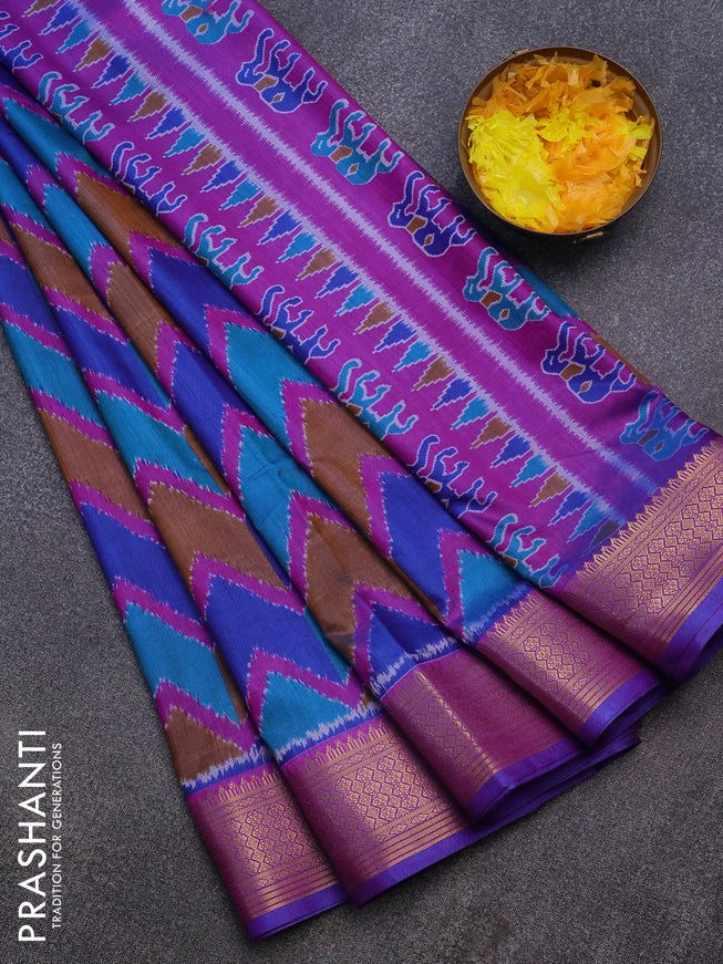 Semi tussar saree blue and purple with allover ikat prints and zari woven border