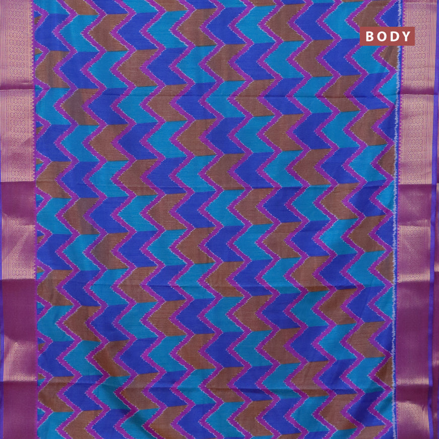 Semi tussar saree blue and purple with allover ikat prints and zari woven border