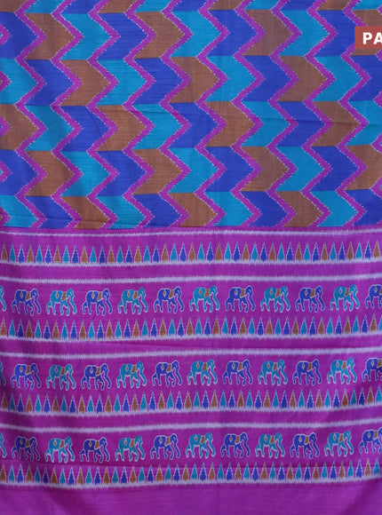 Semi tussar saree blue and purple with allover ikat prints and zari woven border