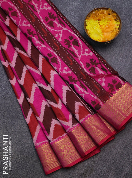 Semi tussar saree multi colour and pink with allover ikat prints and zari woven border