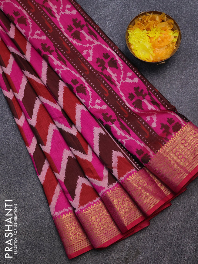 Semi tussar saree multi colour and pink with allover ikat prints and zari woven border