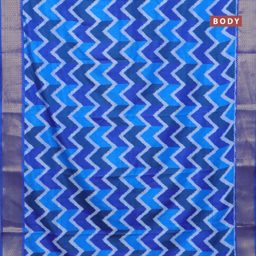 Semi tussar saree blue with allover ikat prints and zari woven border