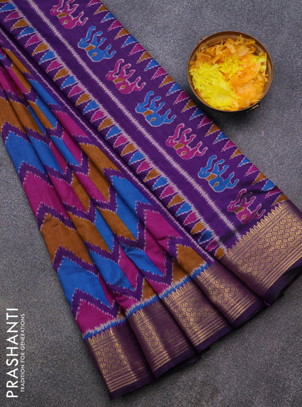 Semi tussar saree deep violet and multi colour with allover ikat prints and zari woven border