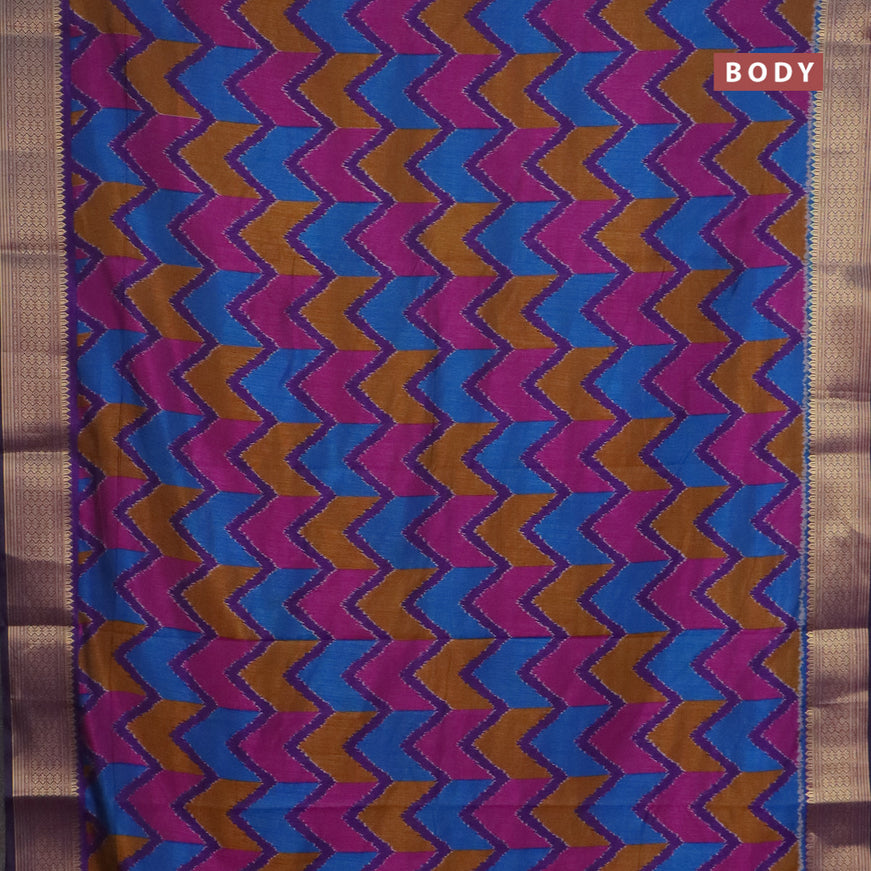 Semi tussar saree deep violet and multi colour with allover ikat prints and zari woven border