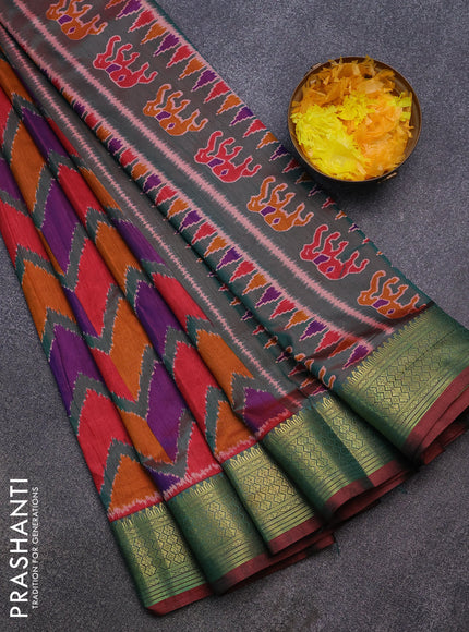 Semi tussar saree multi colour with allover ikat prints and zari woven border