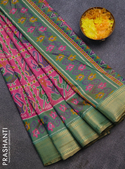 Semi tussar saree pink and green shade with allover ikat prints and zari woven border