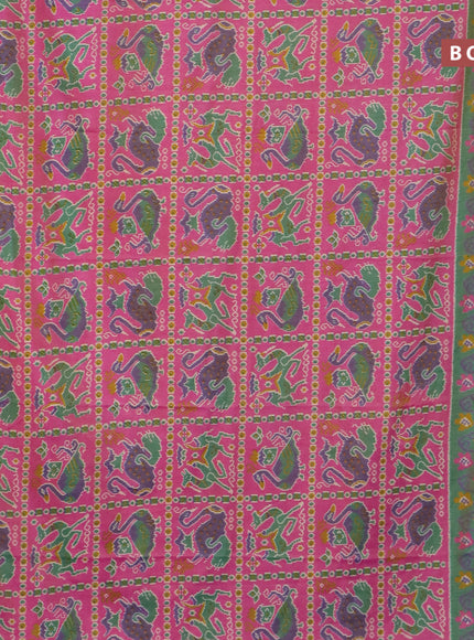 Semi tussar saree pink and green shade with allover ikat prints and zari woven border