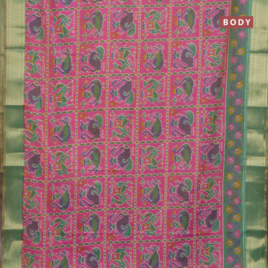 Semi tussar saree pink and green shade with allover ikat prints and zari woven border