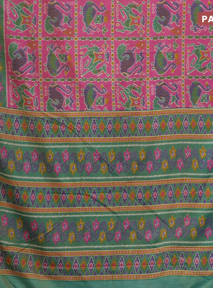 Semi tussar saree pink and green shade with allover ikat prints and zari woven border