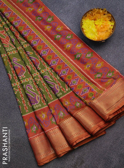 Semi tussar saree green and rust shade with allover ikat prints and zari woven border