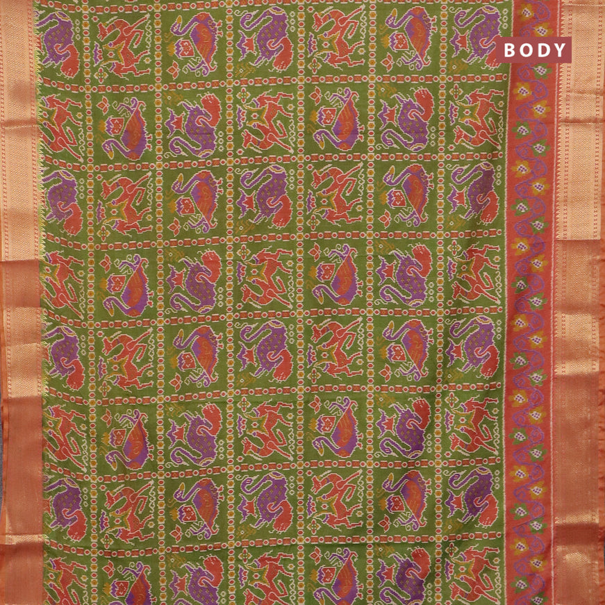 Semi tussar saree green and rust shade with allover ikat prints and zari woven border