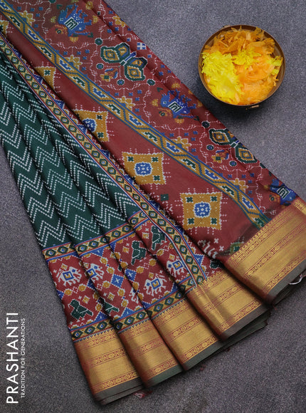 Semi tussar saree green and maroon with allover zig zag prints and zari woven border